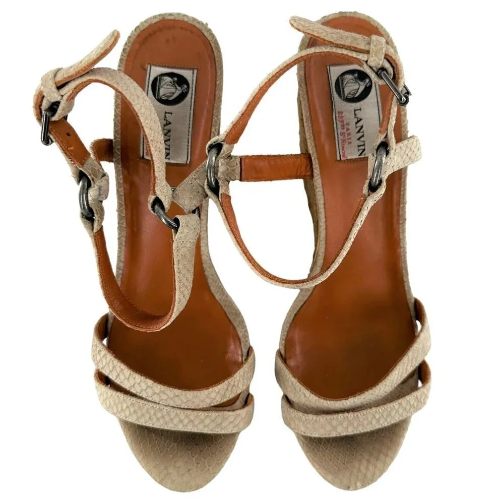 LANVIN Beige Textured Leather Ankle Strap Espadrille Wedge Heel Sandals Size 40